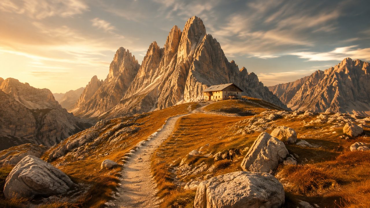 Limestone towers of the Dolomites above a high valley