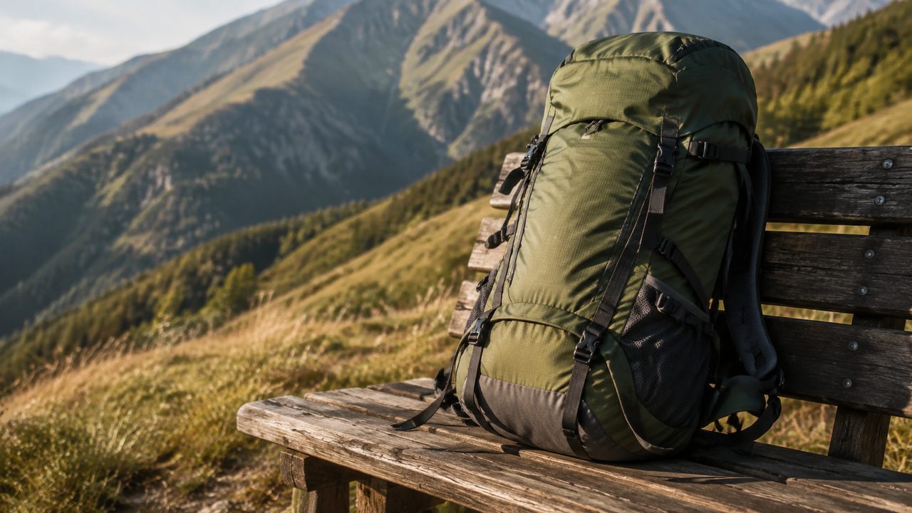 A close-up of a backpack's hip belt and shoulder straps, adjusted on a walker's back