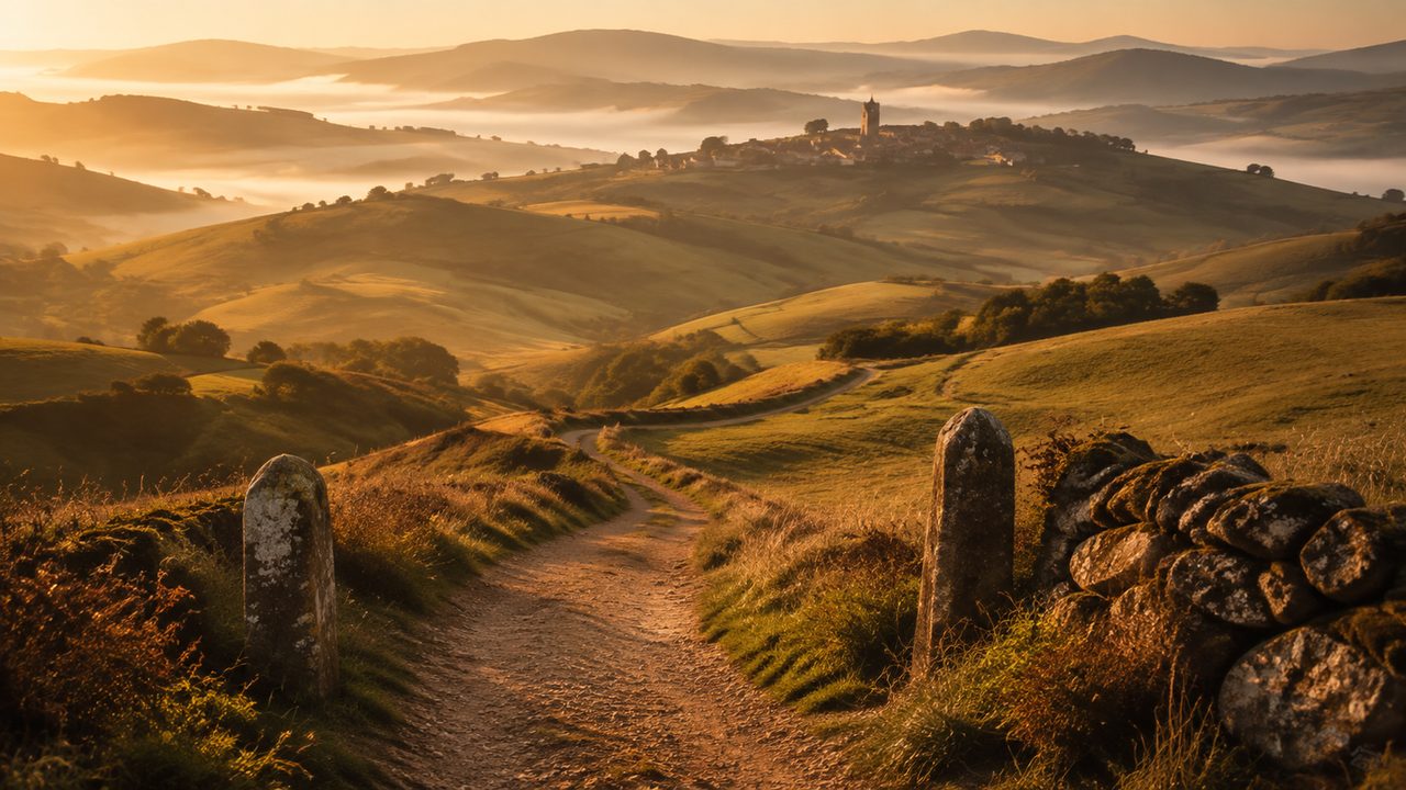 Misty green hills on the Camino Primitivo in Asturias
