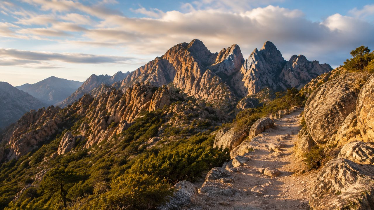 Granite peaks and a narrow stone path climbing through a cirque on the GR20 in Corsica