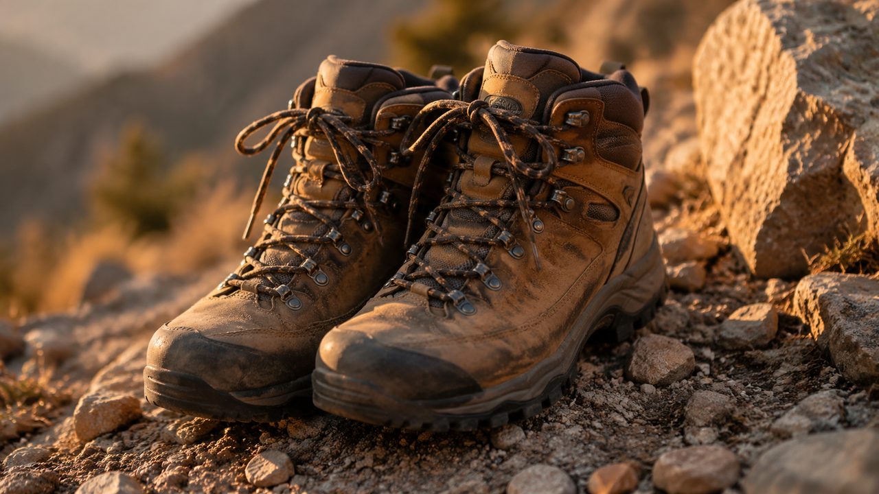 A pair of worn leather hiking boots resting on a dry stone wall above a valley
