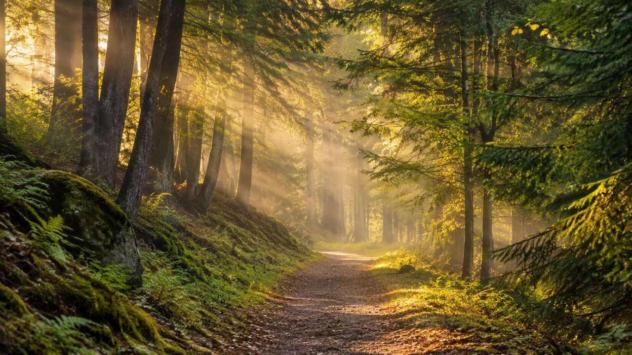 A quiet forest path in dappled light with no other walkers in sight