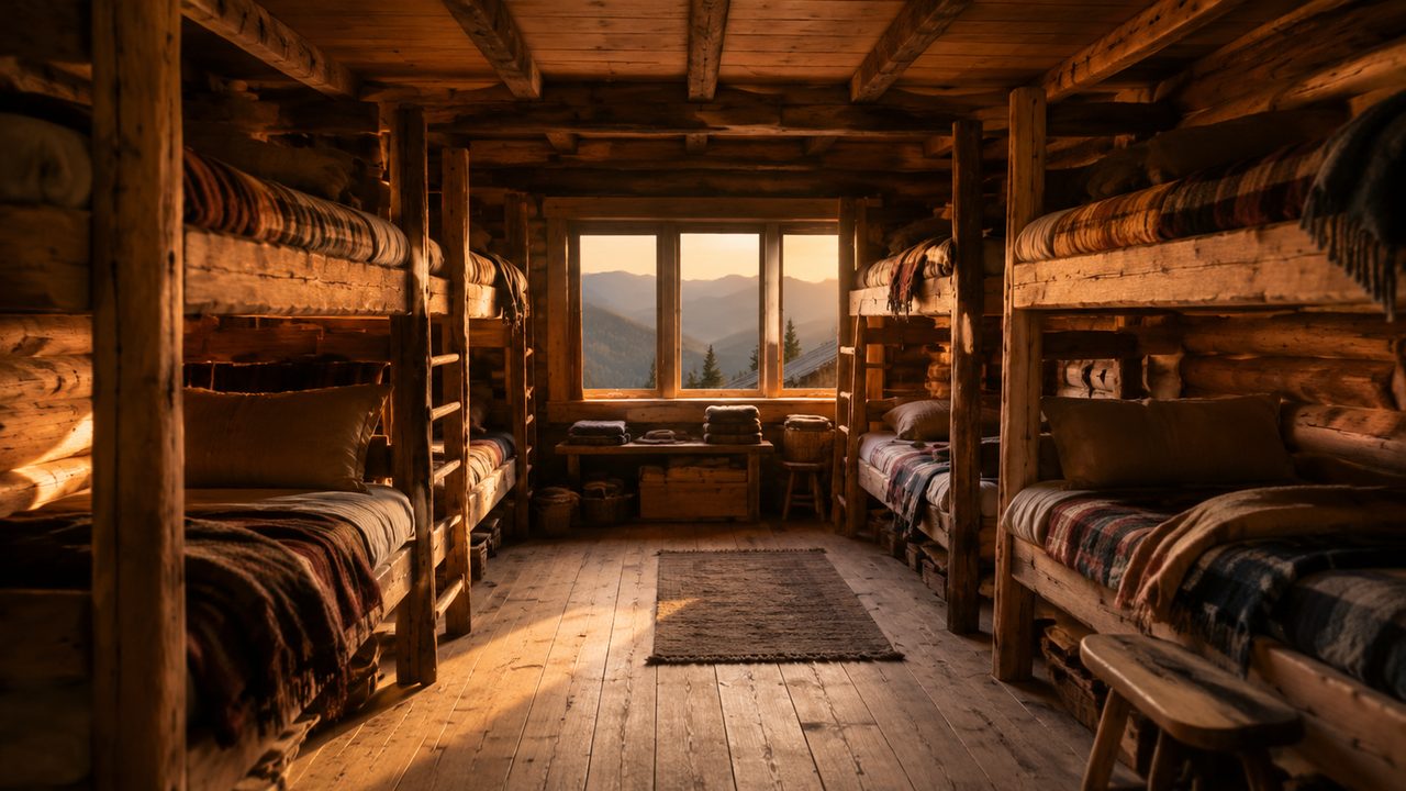Rows of wooden bunk beds with sleeping bags in a warm mountain hut