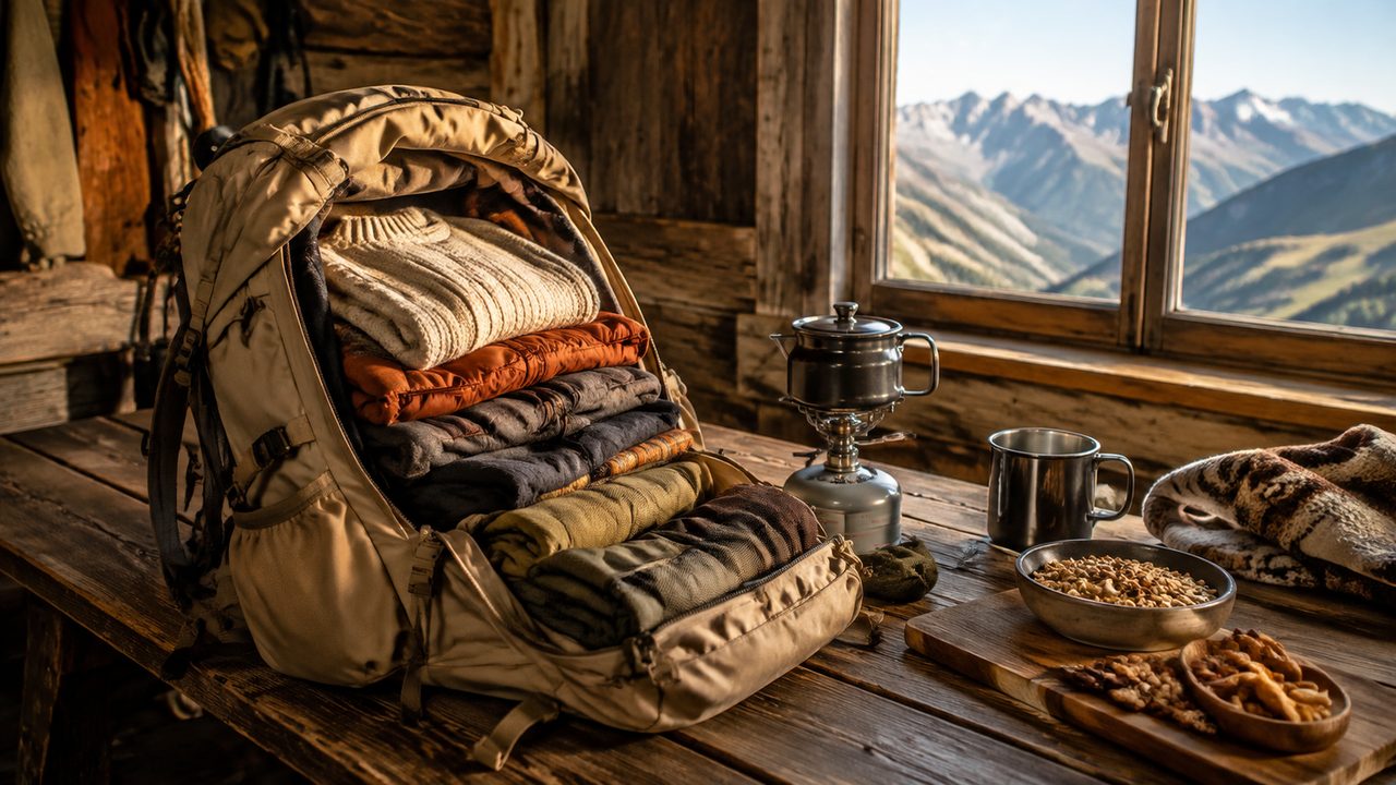 A tidy hiking pack laid out on a mountain hut bunk