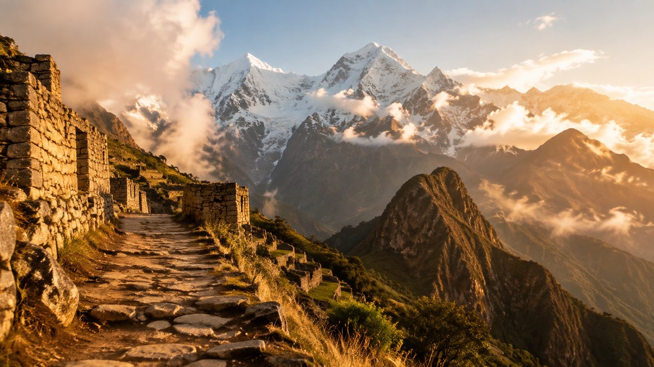 The snow peak of Salkantay rising above a grassy high-altitude ridge on the trek