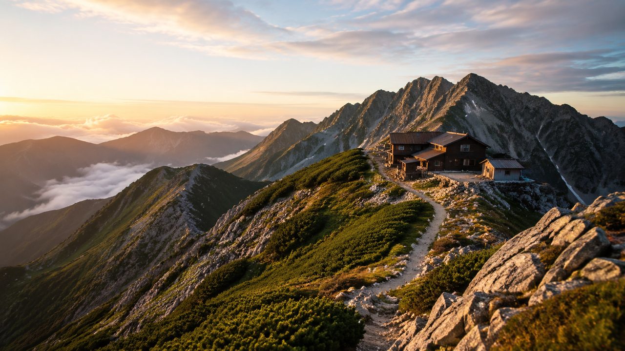 A rocky alpine ridge with a chain-assisted scramble in the Northern Japanese Alps
