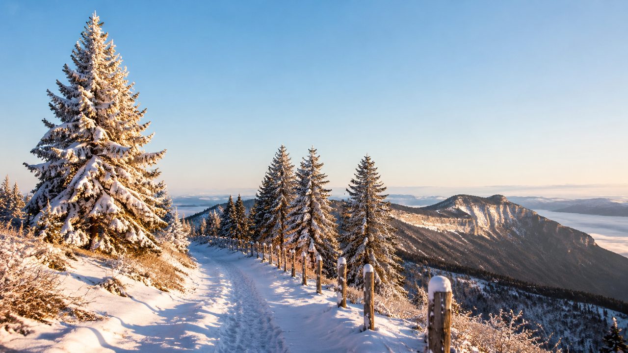 Snow-covered Jura ridge under a hard blue winter sky