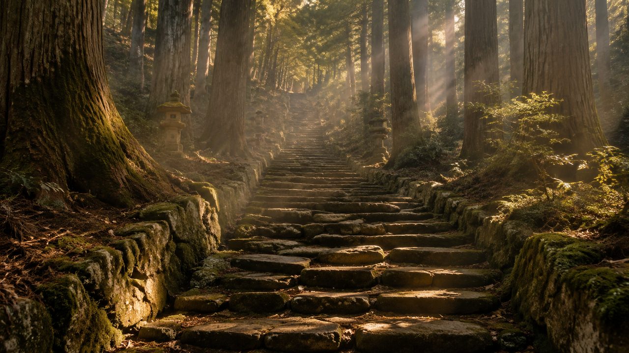 Stone pilgrim steps climbing through a cedar forest in the Kii Mountains