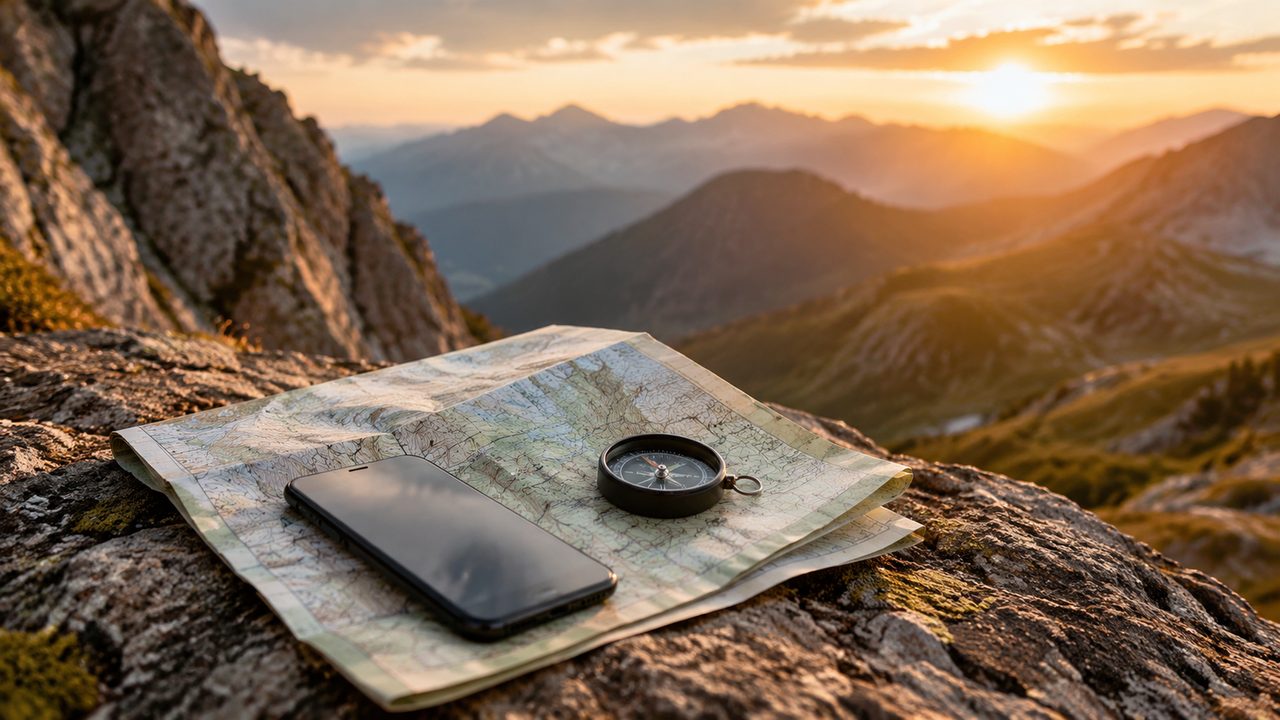 A hiker comparing an offline topographic app on a phone with a folded paper map