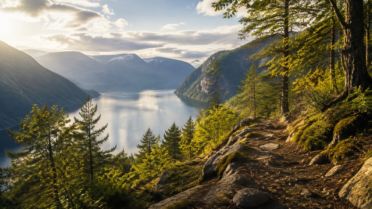 A rocky path above a blue Norwegian fjord with green islands in late summer