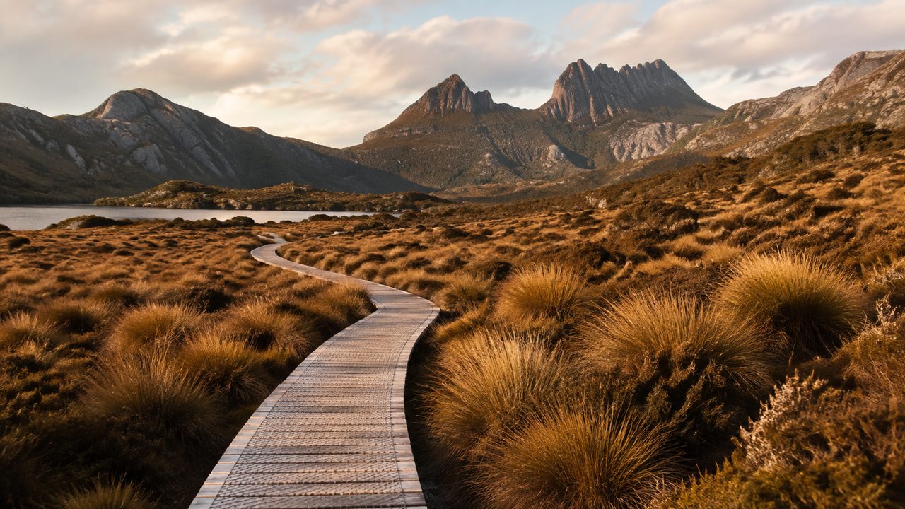 Buttongrass plains below a rocky peak on the Overland Track