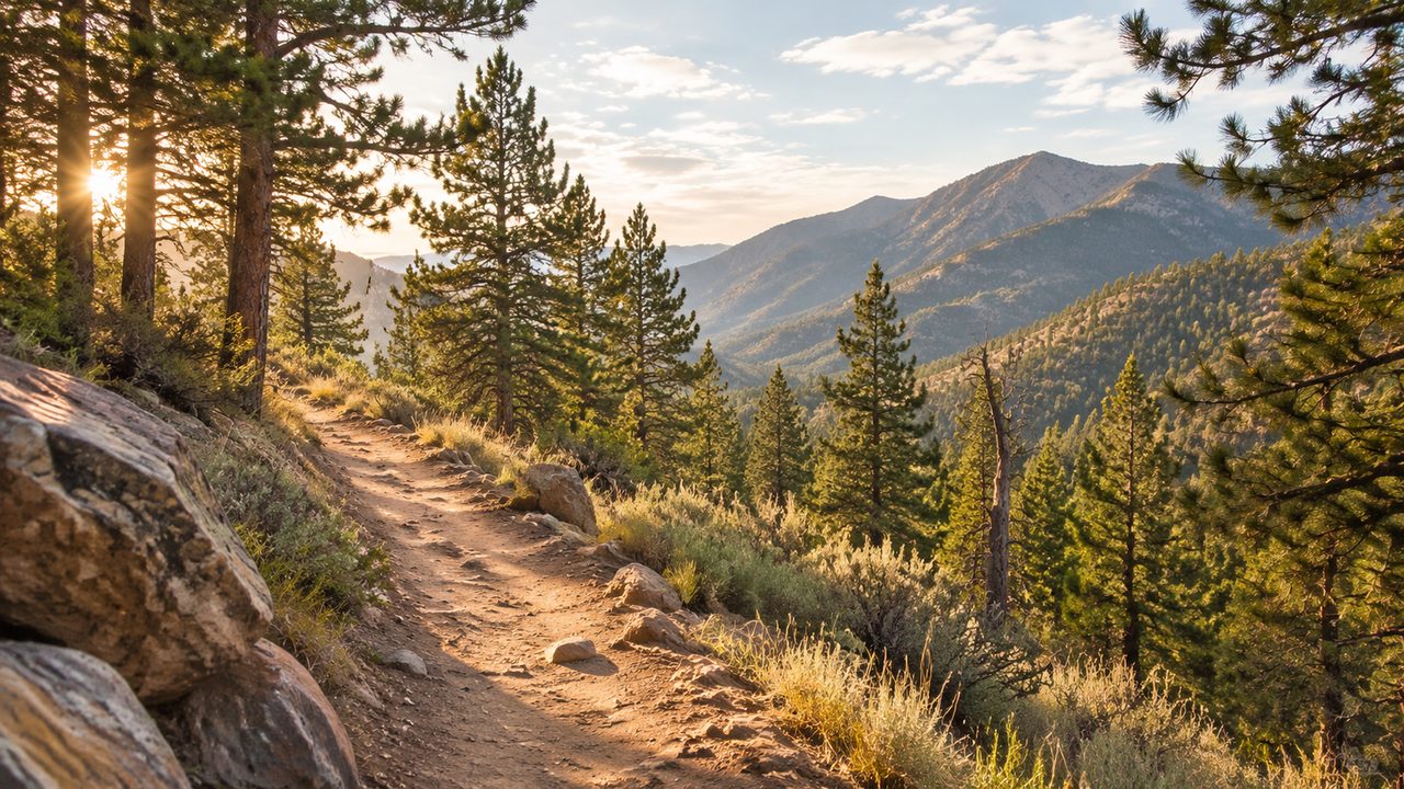 A wide dirt trail winding through granite slabs and pine forest in the Sierra Nevada
