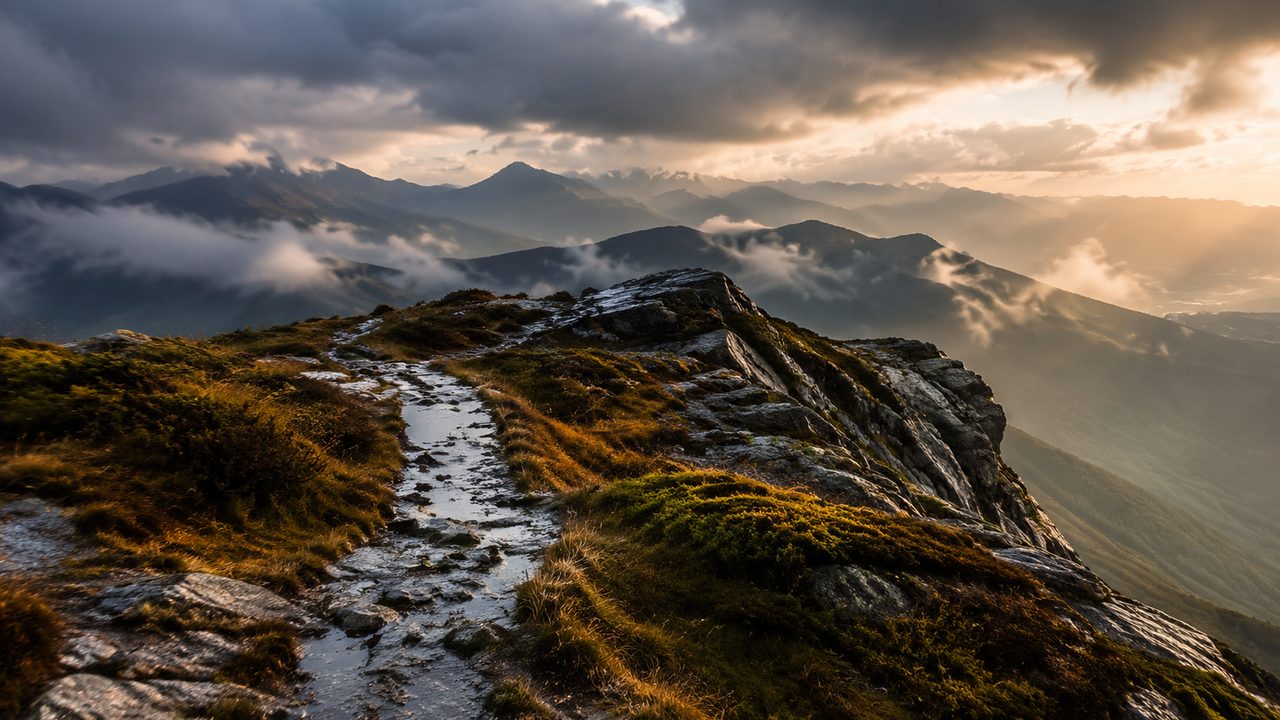 A hiker in a yellow waterproof jacket walking a wet green path through the hills