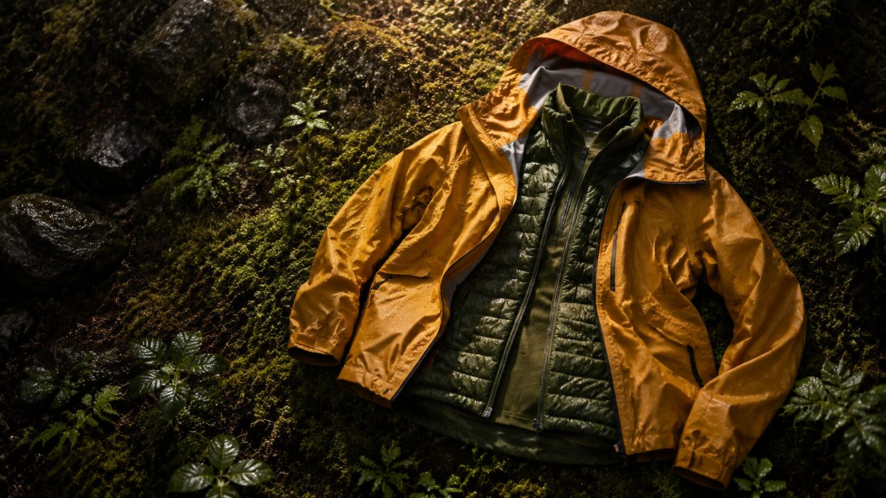 Rain beading on the sleeve of a hiker's waterproof jacket in a green valley