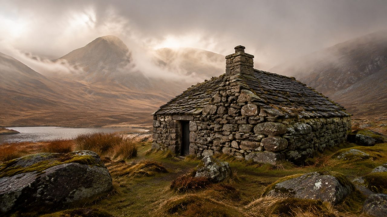 A stone bothy with a tin roof and a small chimney sitting in a green glen