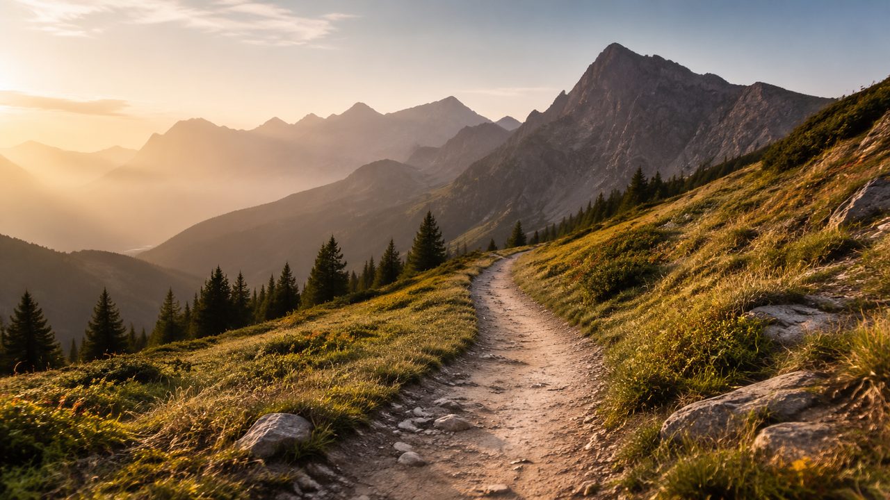 A single hiker with a pack walking a ridge path alone under a wide sky