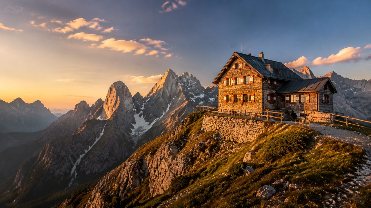 A stone mountain hut with a red roof on a grassy pass in the Swiss Alps at dusk