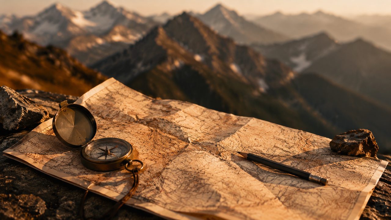 A folded topographic map with contour lines and a compass on top
