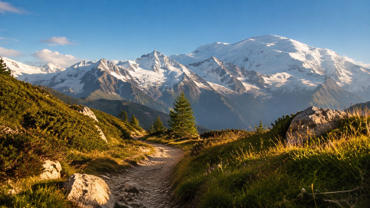 A high grassy valley and snow-streaked granite peaks on the Tour du Mont Blanc