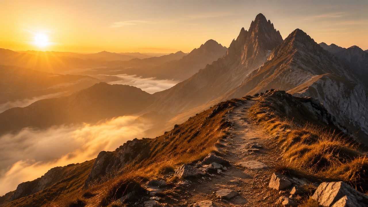 A mountain ridge trail at dawn with golden light over a misty valley