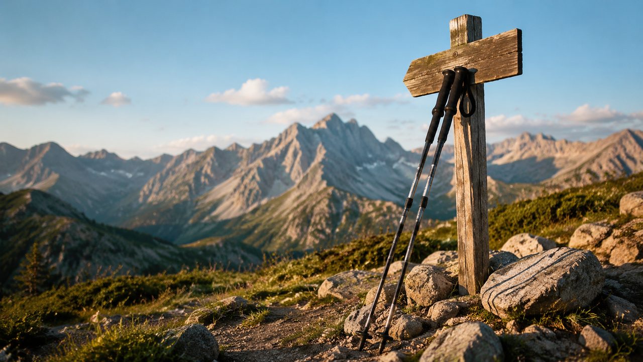 A pair of trekking poles leaning against a boulder at a mountain pass
