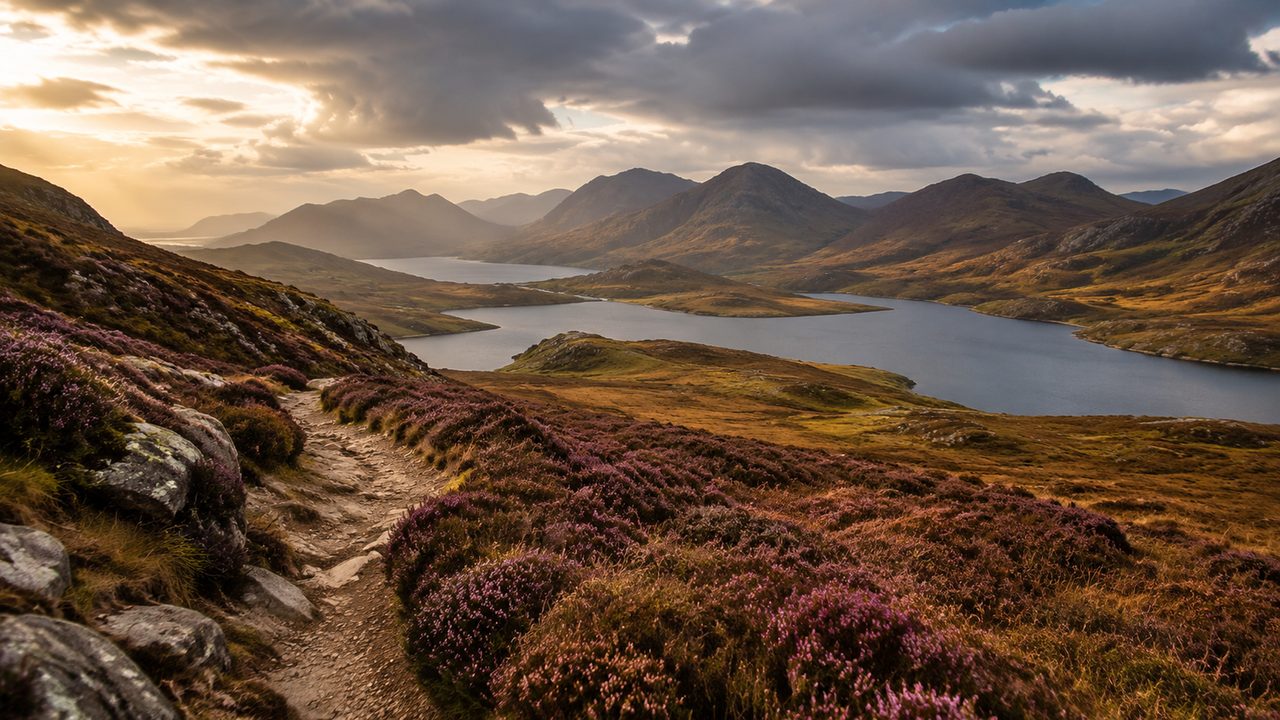 Grey-green slopes above the wooded narrows of Loch Lomond on the West Highland Way
